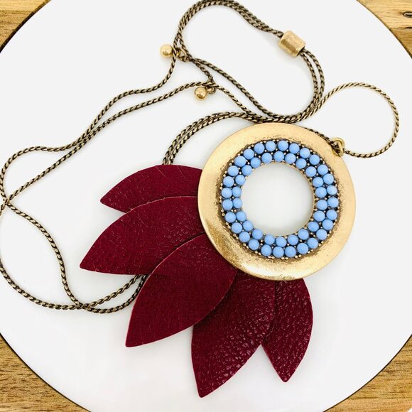 Gold Stone + Leather Pendant Adjustable Necklace - Picture 2 of 8